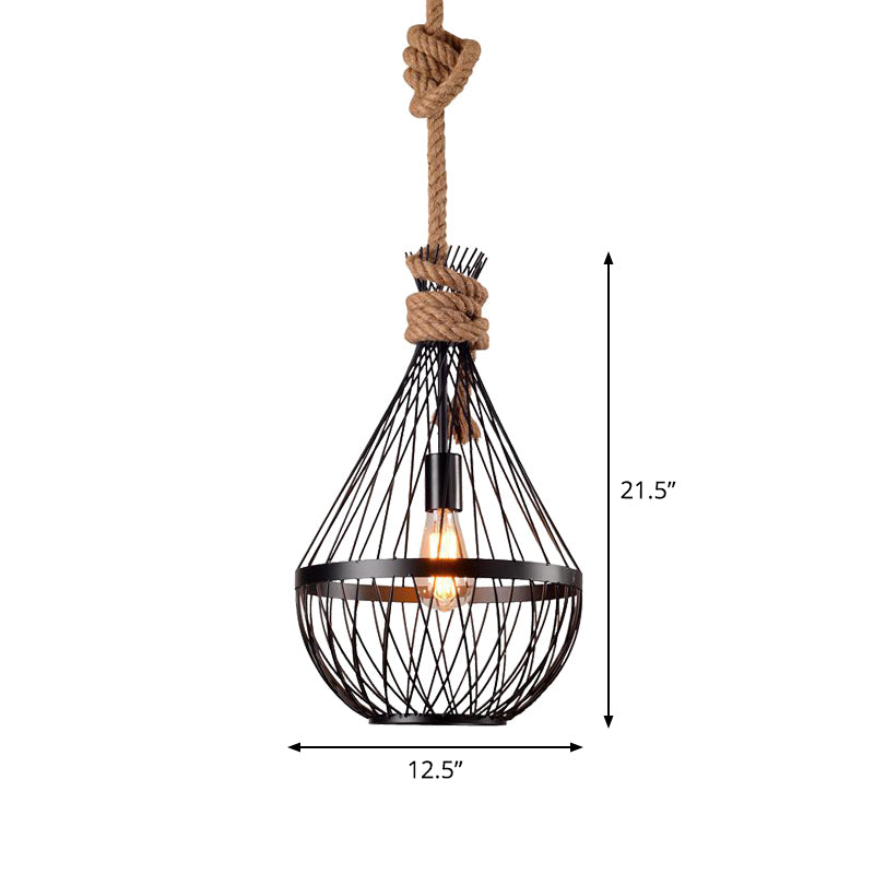 Retro Iron Pear - Shaped Suspension Lighting With Hemp Rope In Black Pendant