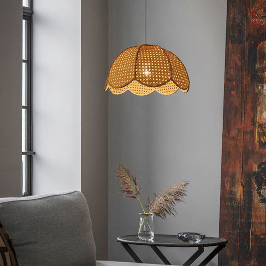 Naos - Rattan Scalloped Dome Suspension Light Simplicity 1 - Light Wood Pendant Fixture