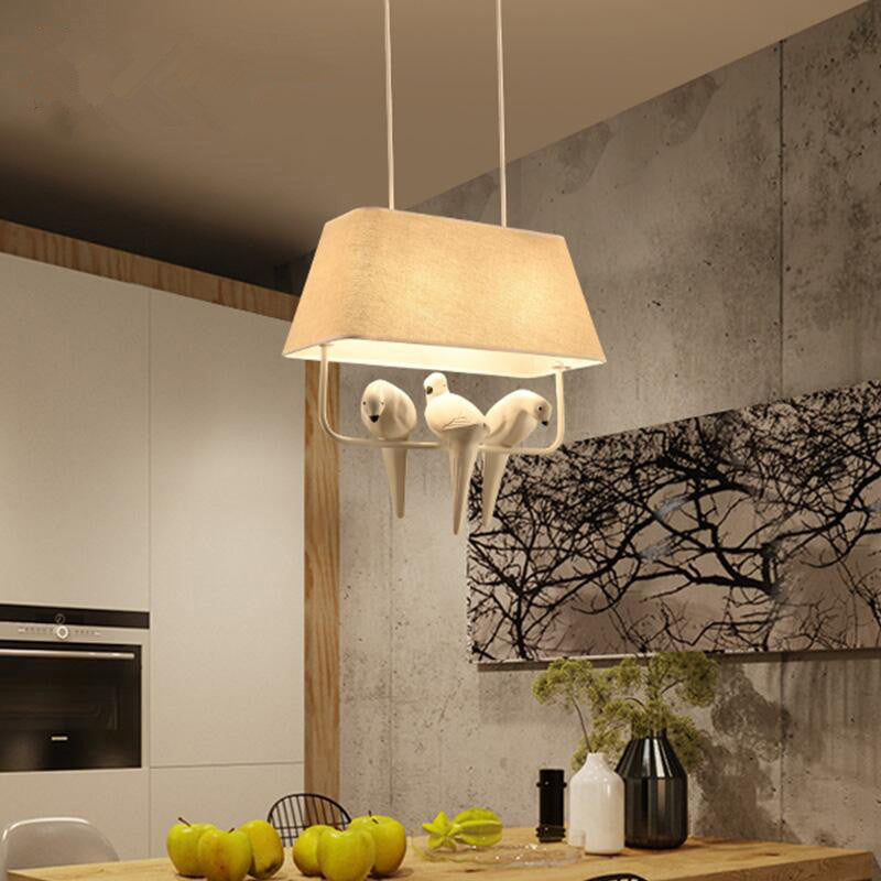 Adeline - Trapezoid Fabric Pendant Light With Resin Bird In Beige
