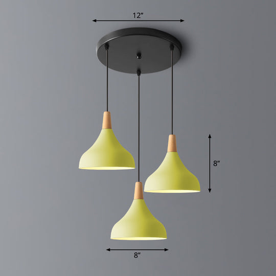Salm - Swell Shape Pendant Light Macaron Metal 3 - Head Multi Hanging Fixture With Wood Tip Yellow