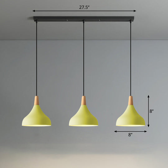 Salm - Swell Shape Pendant Light Macaron Metal 3 - Head Multi Hanging Fixture With Wood Tip Yellow