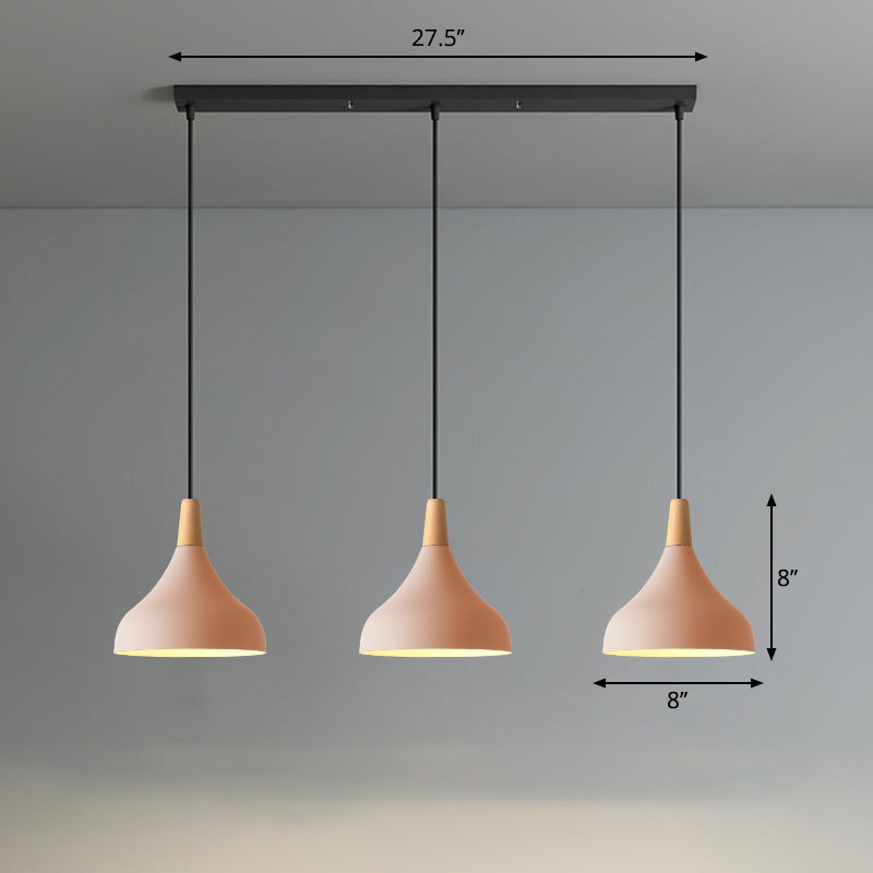 Salm - Swell Shape Pendant Light Macaron Metal 3 - Head Multi Hanging Fixture With Wood Tip Pink /