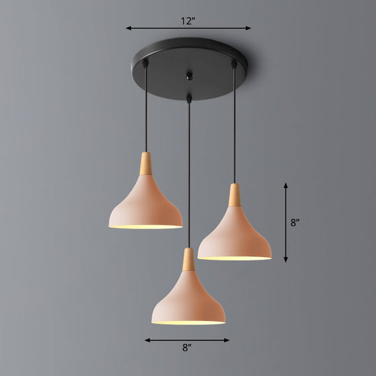 Salm - Swell Shape Pendant Light Macaron Metal 3 - Head Multi Hanging Fixture With Wood Tip