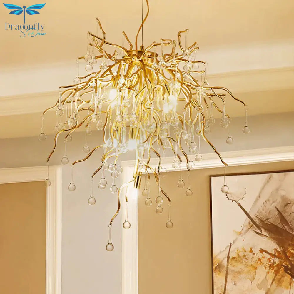 23.5’/31.5’ W Clear Crystal Raindrop Hanging Chandelier Rustic 8/10 Lights Gold Ceiling Lamp
