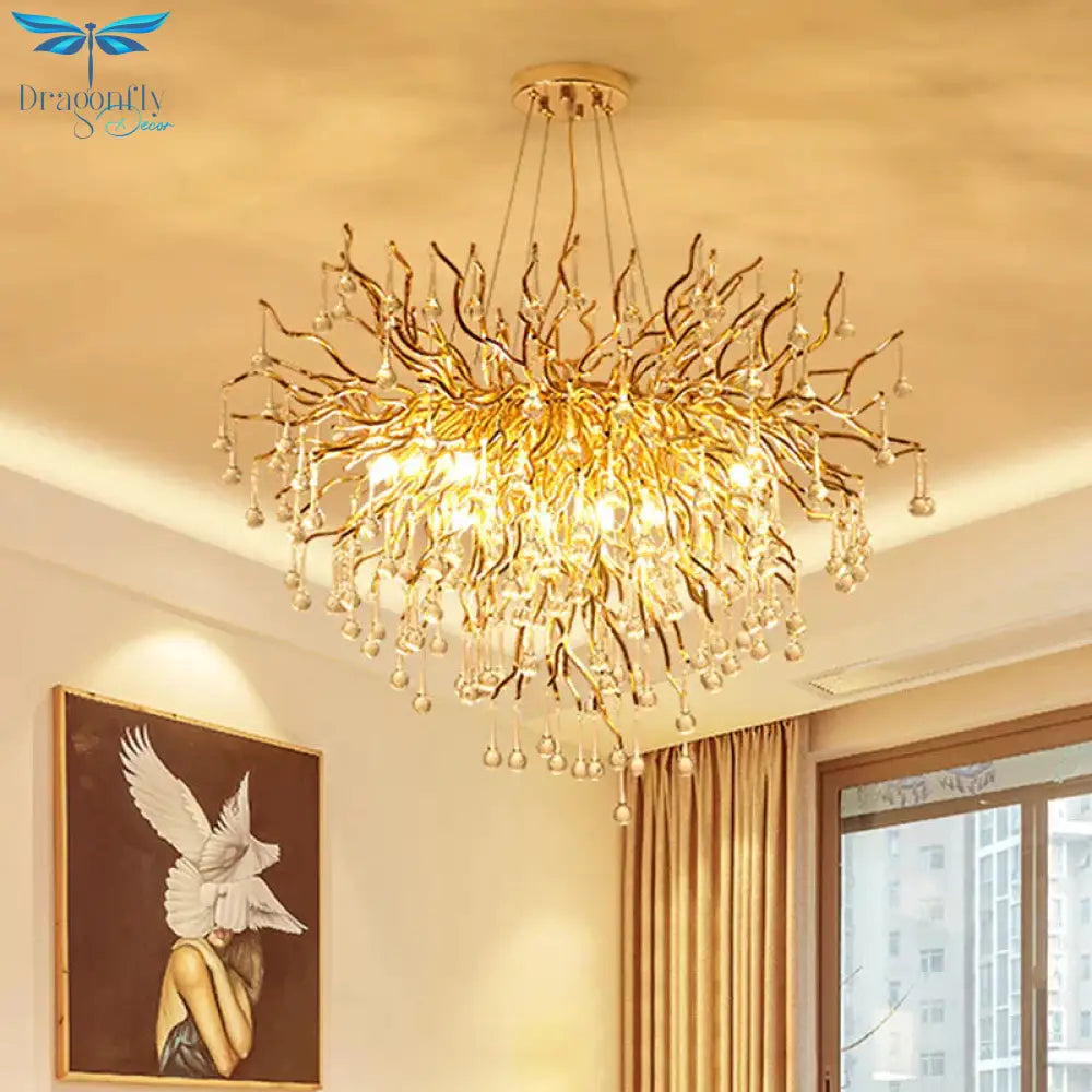23.5’/31.5’ W Clear Crystal Raindrop Hanging Chandelier Rustic 8/10 Lights Gold Ceiling Lamp
