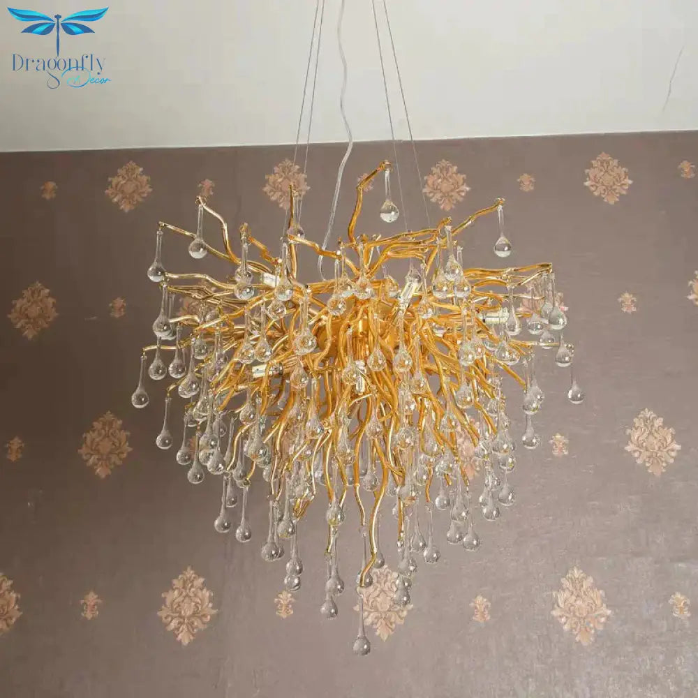 23.5’/31.5’ W Clear Crystal Raindrop Hanging Chandelier Rustic 8/10 Lights Gold Ceiling Lamp