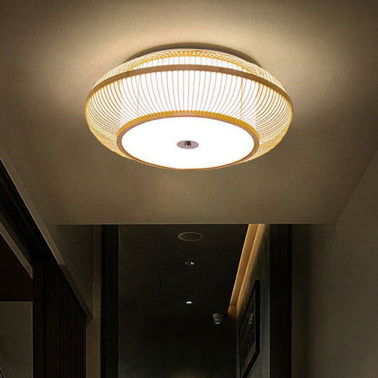 Minimalistic Round Bamboo Flushmount Ceiling Light - Single - Head Aisle Fixture With Natural Wood