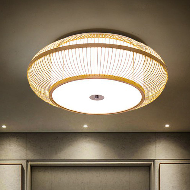 Minimalistic Round Bamboo Flushmount Ceiling Light - Single - Head Aisle Fixture With Natural Wood