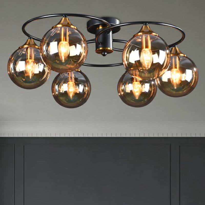 Black And Brass Postmodern Semi - Flush Chandelier With Glass Ball Shade For Ceiling Lighting Lamp