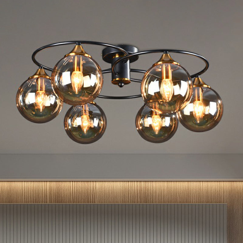 Black And Brass Postmodern Semi - Flush Chandelier With Glass Ball Shade For Ceiling Lighting Lamp