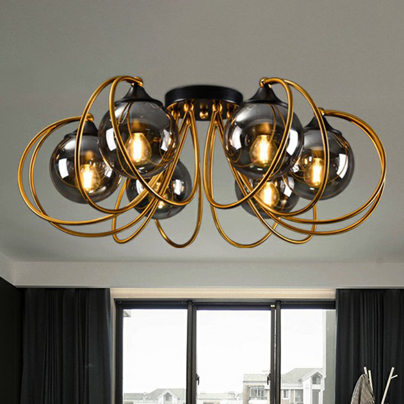 Postmodern Brass Finish Floral Semi - Flush Ceiling Light - Elegant Glass Flushmount For Living