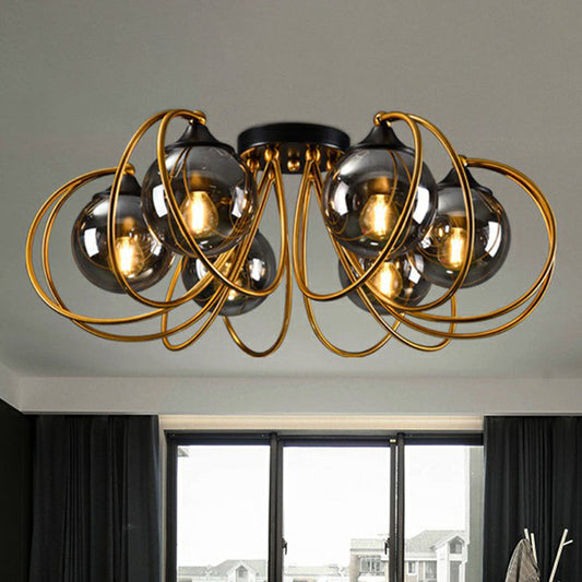 Postmodern Brass Finish Floral Semi - Flush Ceiling Light - Elegant Glass Flushmount For Living