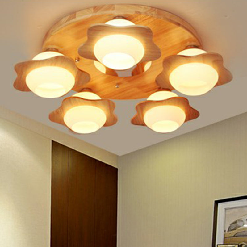 Modern Wood Flushmount With Flower Ivory Glass Shade - 5 Lights Bedroom Flush Ceiling Light