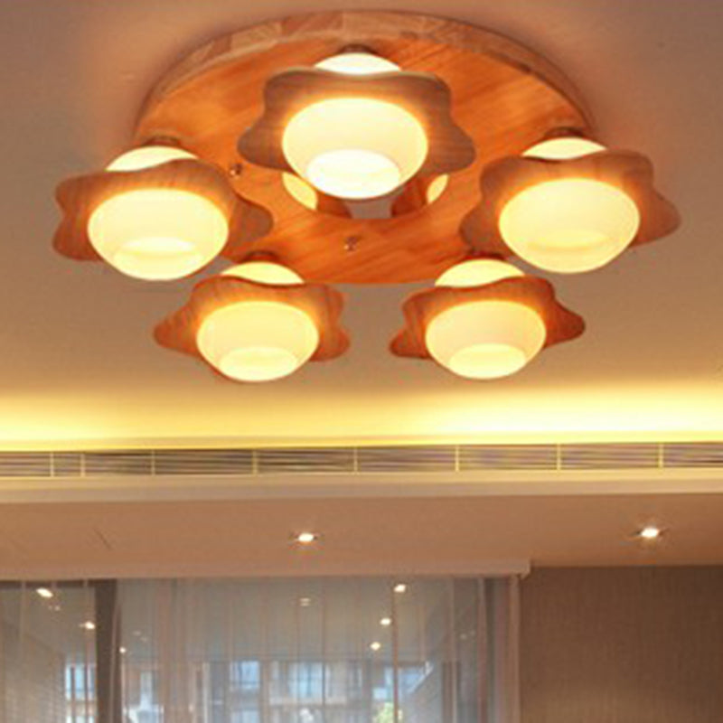 Modern Wood Flushmount With Flower Ivory Glass Shade - 5 Lights Bedroom Flush Ceiling Light