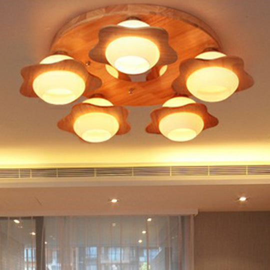 Modern Wood Flushmount With Flower Ivory Glass Shade - 5 Lights Bedroom Flush Ceiling Light