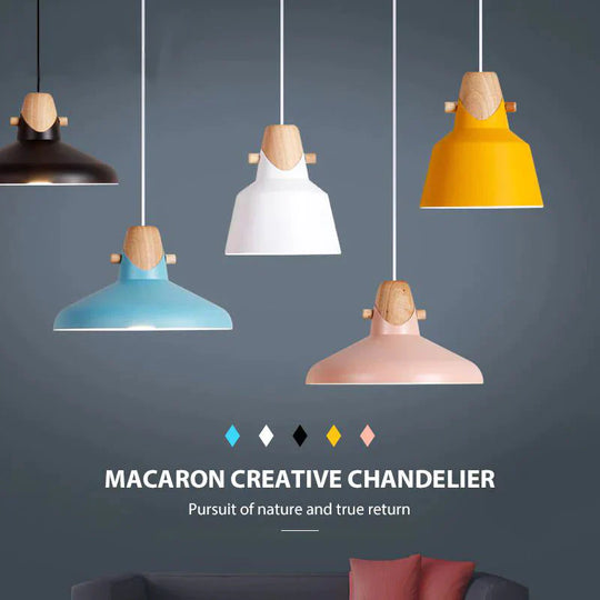 Nordic Pendant Lights Macaron Color Creative Single Head Solid Wood Lamps Aluminum Alloy Lampshade