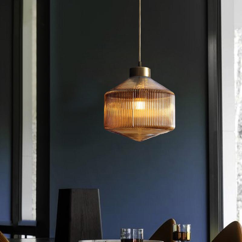 Modern Clear/Amber/Smoke Grey Prismatic Glass 1 - Light Drum Pendant Ceiling Lamp Lighting