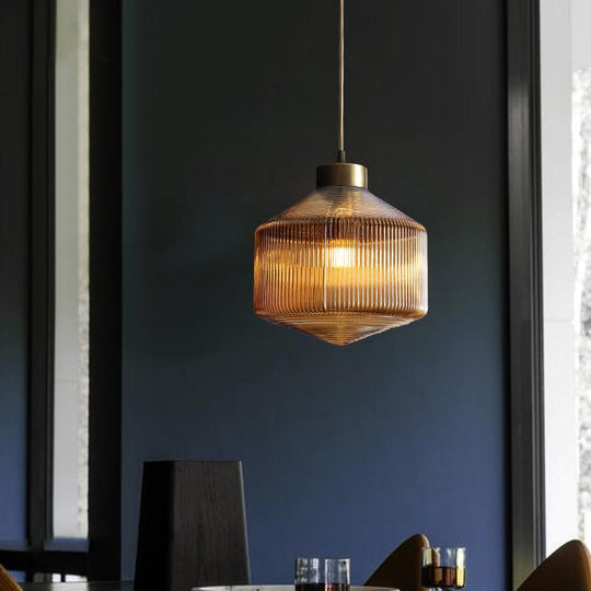 Modern Clear/Amber/Smoke Grey Prismatic Glass 1 - Light Drum Pendant Ceiling Lamp Lighting