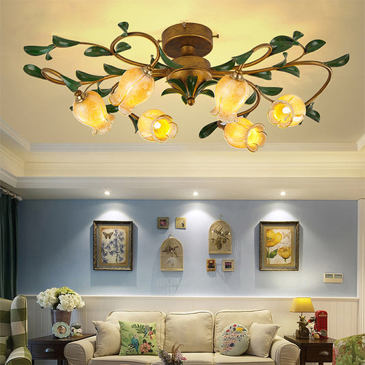 Pastoral Dining Room Glow: 6 - Head Glass Pomegranate Flower Semi - Flush Mount Ceiling Light