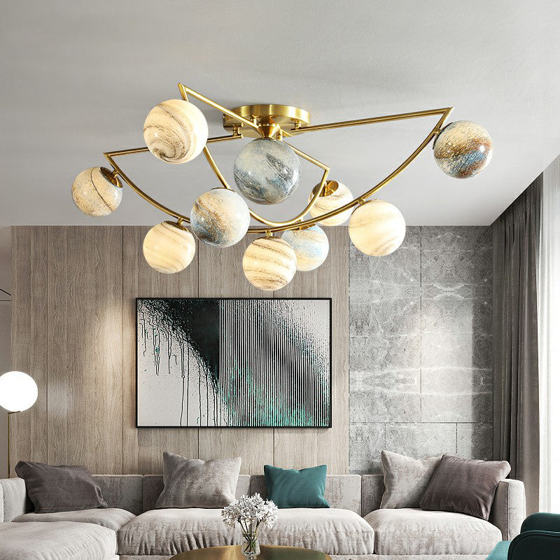 Cosmic Bedroom Glow: Gold Nordic Ombre Glass Semi - Flush Mount Chandelier With A Planet Design