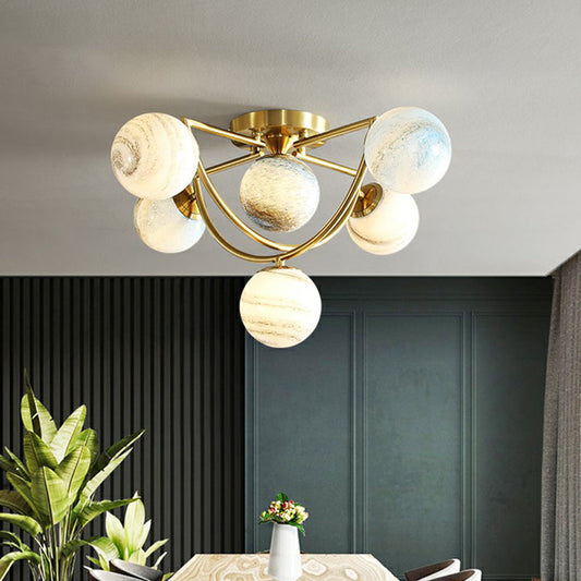 Cosmic Bedroom Glow: Gold Nordic Ombre Glass Semi - Flush Mount Chandelier With A Planet Design