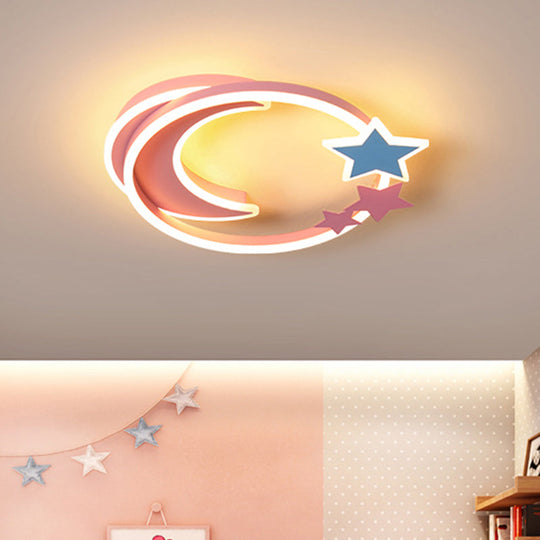 Cartoon Crescent And Star Flushmount Led Ceiling Light For Kids Bedroom Pink / 18.5’ Warm