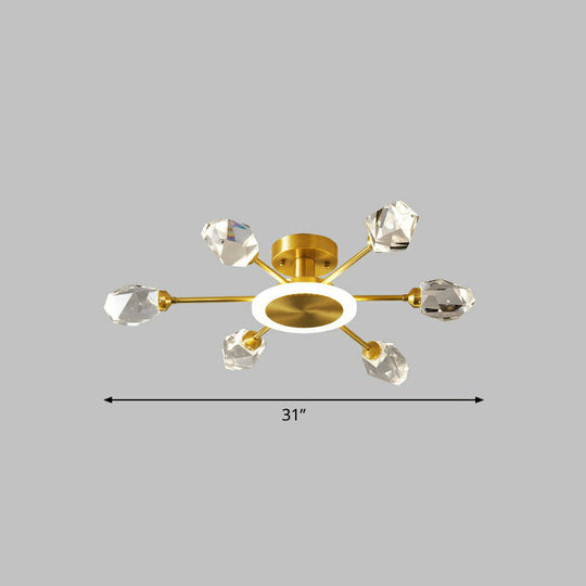 Radiant Bedroom Elegance: Post - Modern Gold Led Ceiling Light With Crystal Block Radial Design