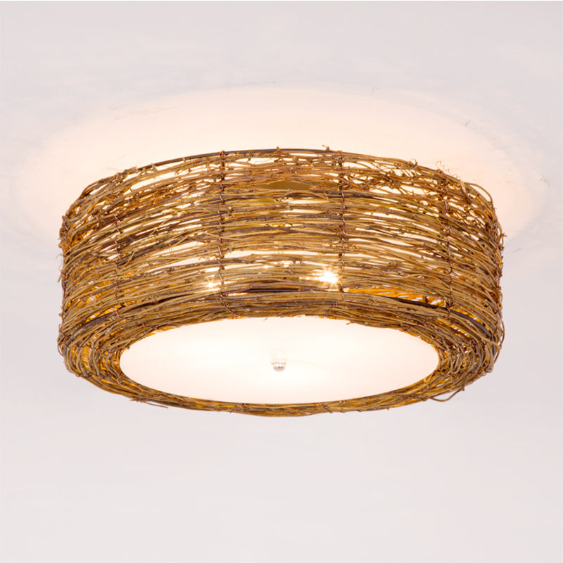 Modern 3 - Light Rattan Flush Mount Ceiling Lamp - Hand - Woven Round Shade In Brown 16’/19.5’