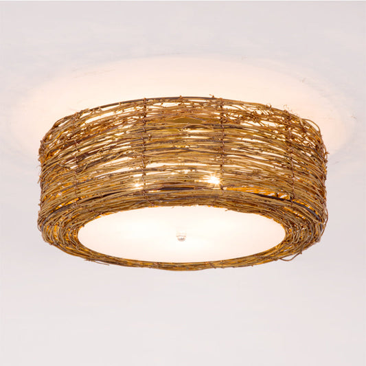 Modern 3 - Light Rattan Flush Mount Ceiling Lamp - Hand - Woven Round Shade In Brown 16’/19.5’