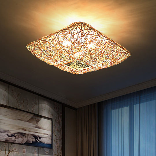 3 - Light Square Ceiling Flush Mount Light In Rattan Wood For Bedroom Pendant Lighting