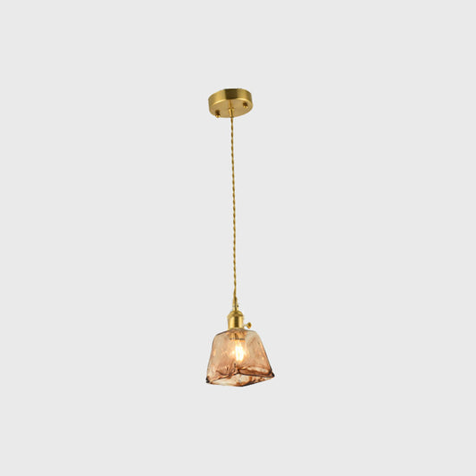 Aubrey - Vintage Handmade Brass Shaded Drop Pendant Tan Glass 1 - Bulb Pendulum / Trapezoid
