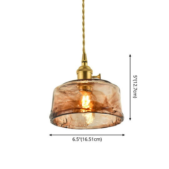 Aubrey - Vintage Handmade Brass Shaded Drop Pendant Tan Glass 1 - Bulb Pendulum