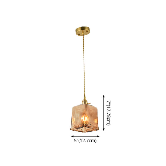 Aubrey - Vintage Handmade Brass Shaded Drop Pendant Tan Glass 1 - Bulb Pendulum