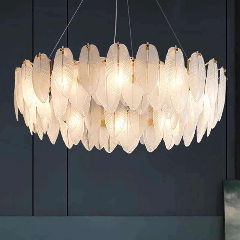 Modern Crystal Feather Hanging Chandelier Light With Clear Glass Lamp Shade