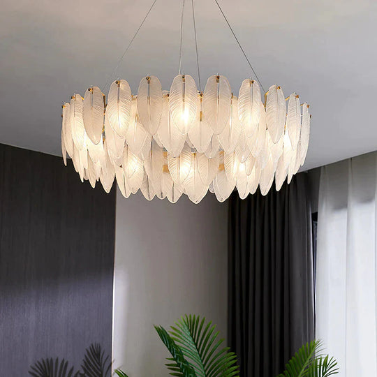 Modern Crystal Feather Hanging Chandelier Light With Clear Glass Lamp Shade