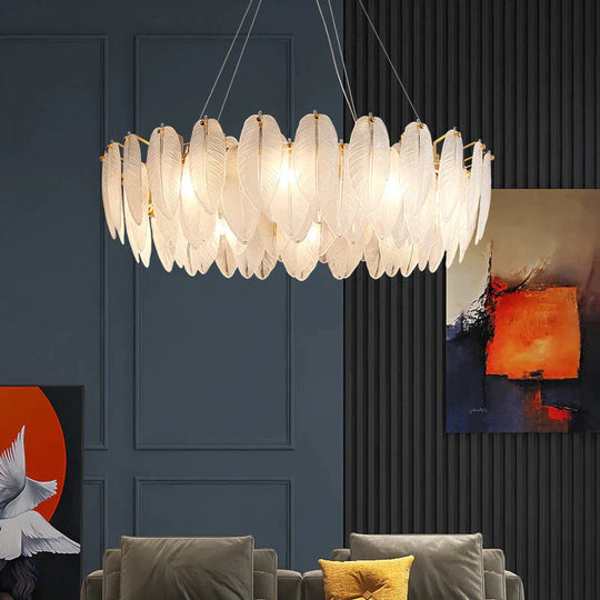 Modern Crystal Feather Hanging Chandelier Light With Clear Glass Lamp Shade
