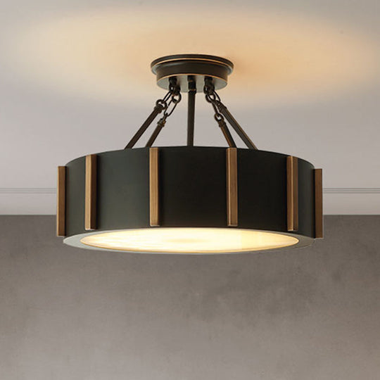 Rustic Led Semi Flush Drum Light - Warm Black Metallic Close - To - Ceiling Fixture 18’ Width