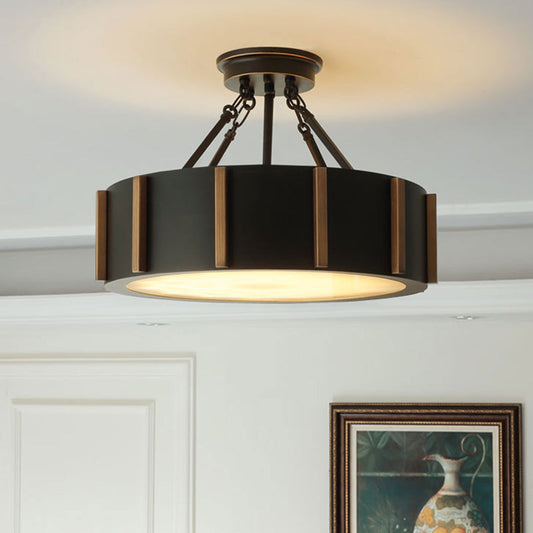Rustic Led Semi Flush Drum Light - Warm Black Metallic Close - To - Ceiling Fixture 18’ Width