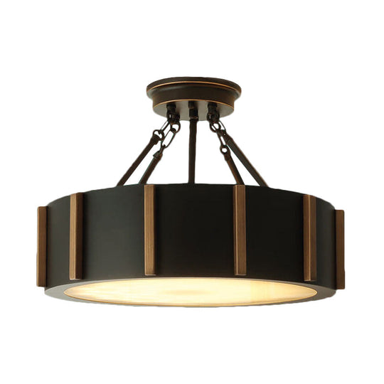 Rustic Led Semi Flush Drum Light - Warm Black Metallic Close - To - Ceiling Fixture 18’ Width