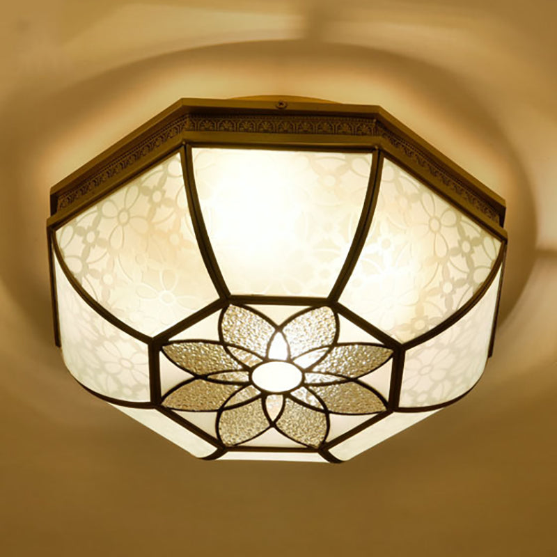 Colonial - Style Beveled Ceiling Mounted Light - 4 - Bulb Opaque Glass Flush Mount Fixture In Brass