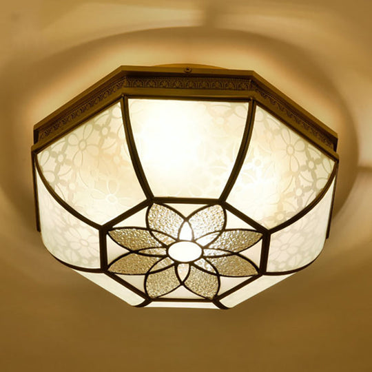 Colonial - Style Beveled Ceiling Mounted Light - 4 - Bulb Opaque Glass Flush Mount Fixture In Brass