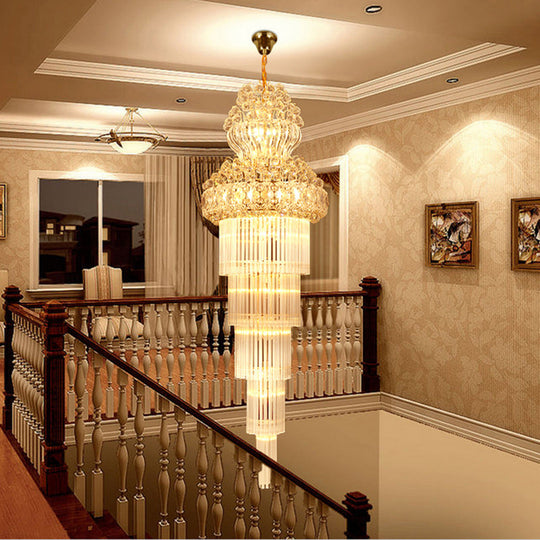 12 Heads Stairway Chandelier Pendant Light With Crystal Rod Gold Suspension Lamp Lighting