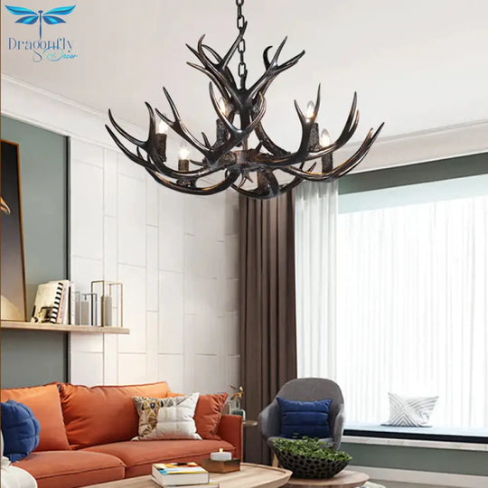 3/5/6 Heads Resin Chandelier Vintage Style Black Candelabra Living Room Pendant Light With