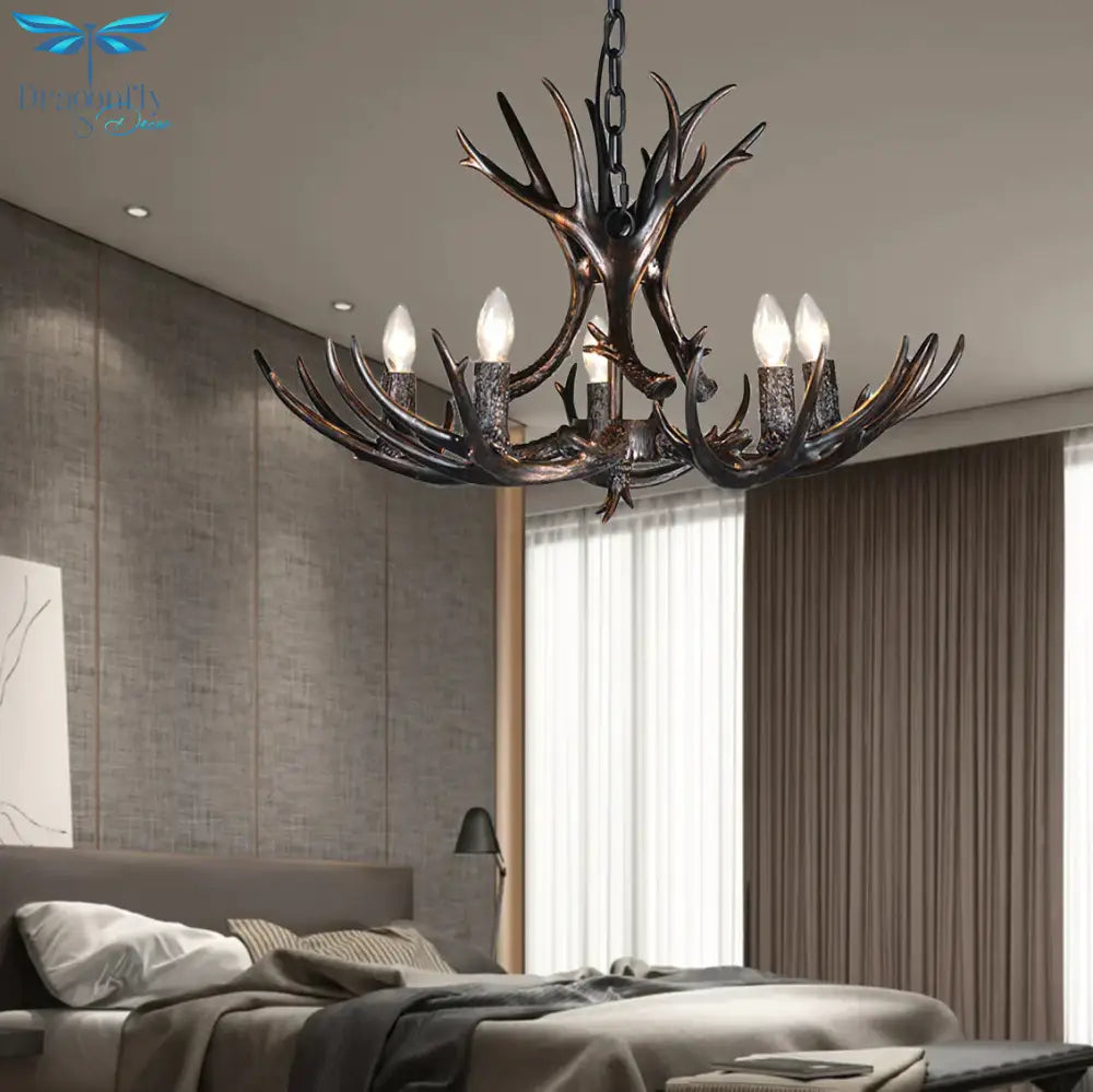 3/5/6 Heads Resin Chandelier Vintage Style Black Candelabra Living Room Pendant Light With