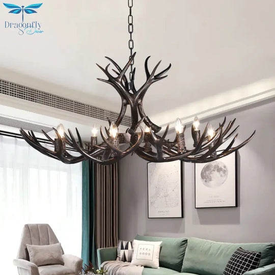 3/5/6 Heads Resin Chandelier Vintage Style Black Candelabra Living Room Pendant Light With