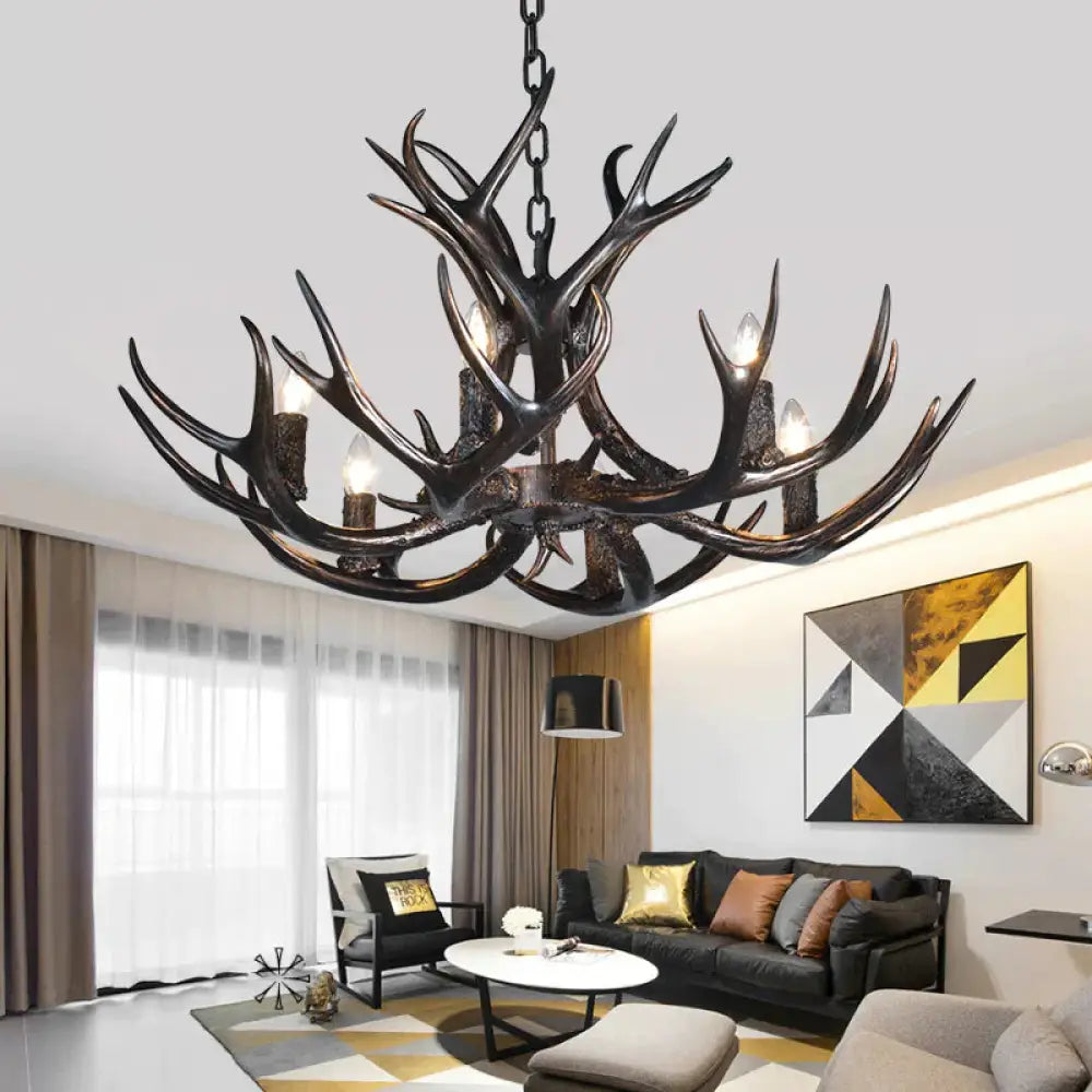 3/5/6 Heads Resin Chandelier Vintage Style Black Candelabra Living Room Pendant Light With