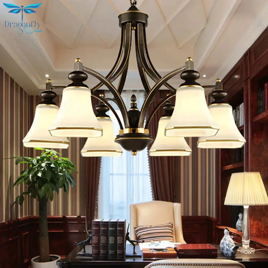3/5/6 Lights Bell Shade Chandelier Classic Antique Brass Frosted Glass Pendant Light Fixture