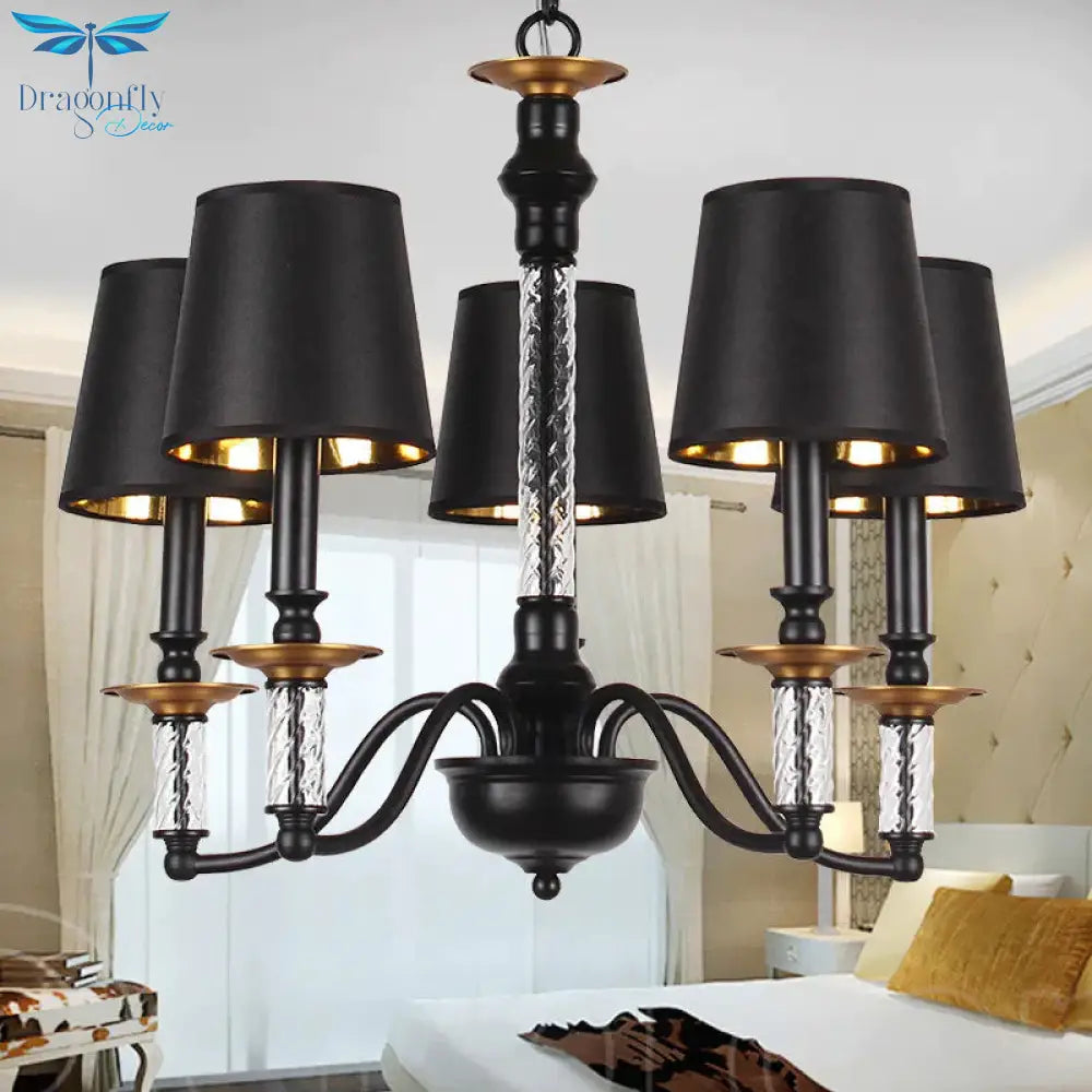 3/5/6 Lights Linen Chandelier Traditional Black Conical Living Room Suspended Lighting Fixture