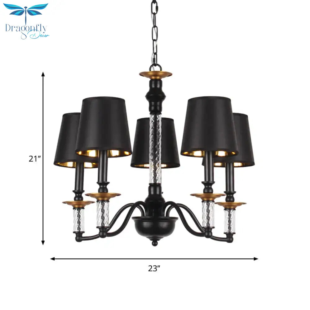 3/5/6 Lights Linen Chandelier Traditional Black Conical Living Room Suspended Lighting Fixture