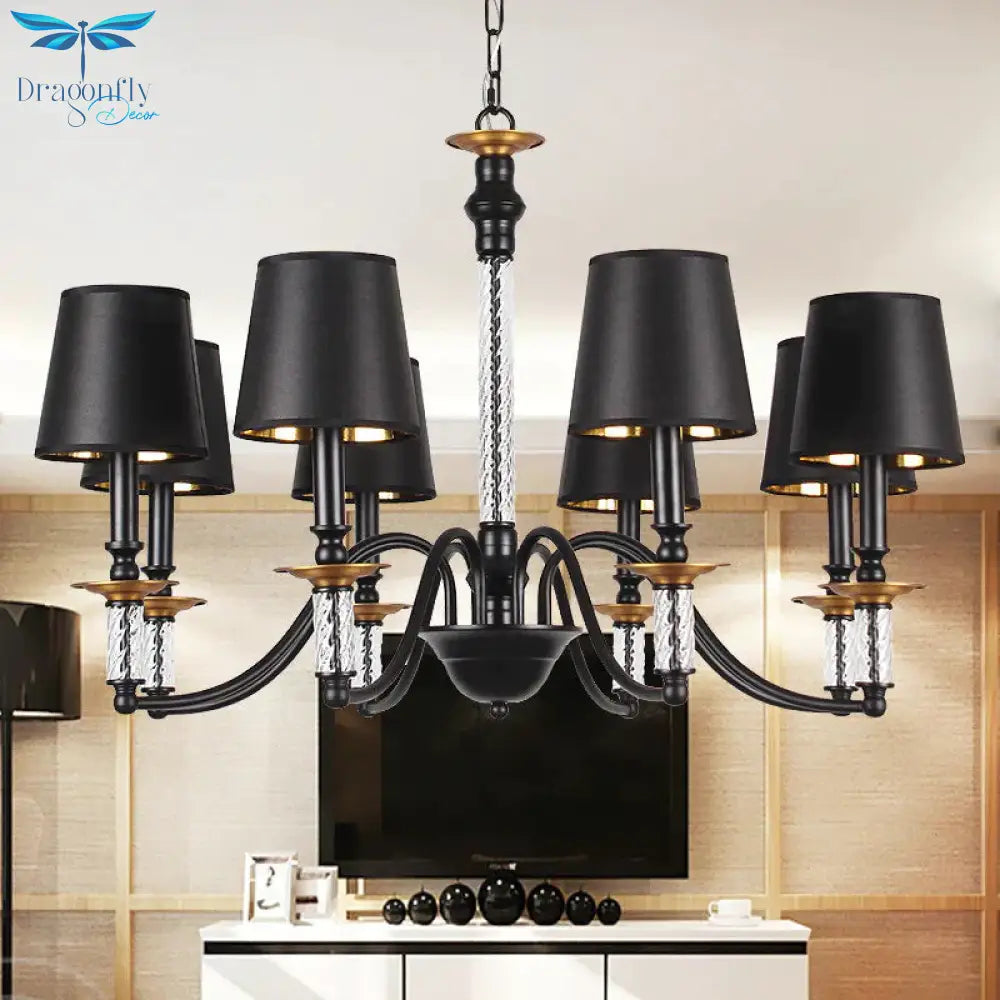 3/5/6 Lights Linen Chandelier Traditional Black Conical Living Room Suspended Lighting Fixture